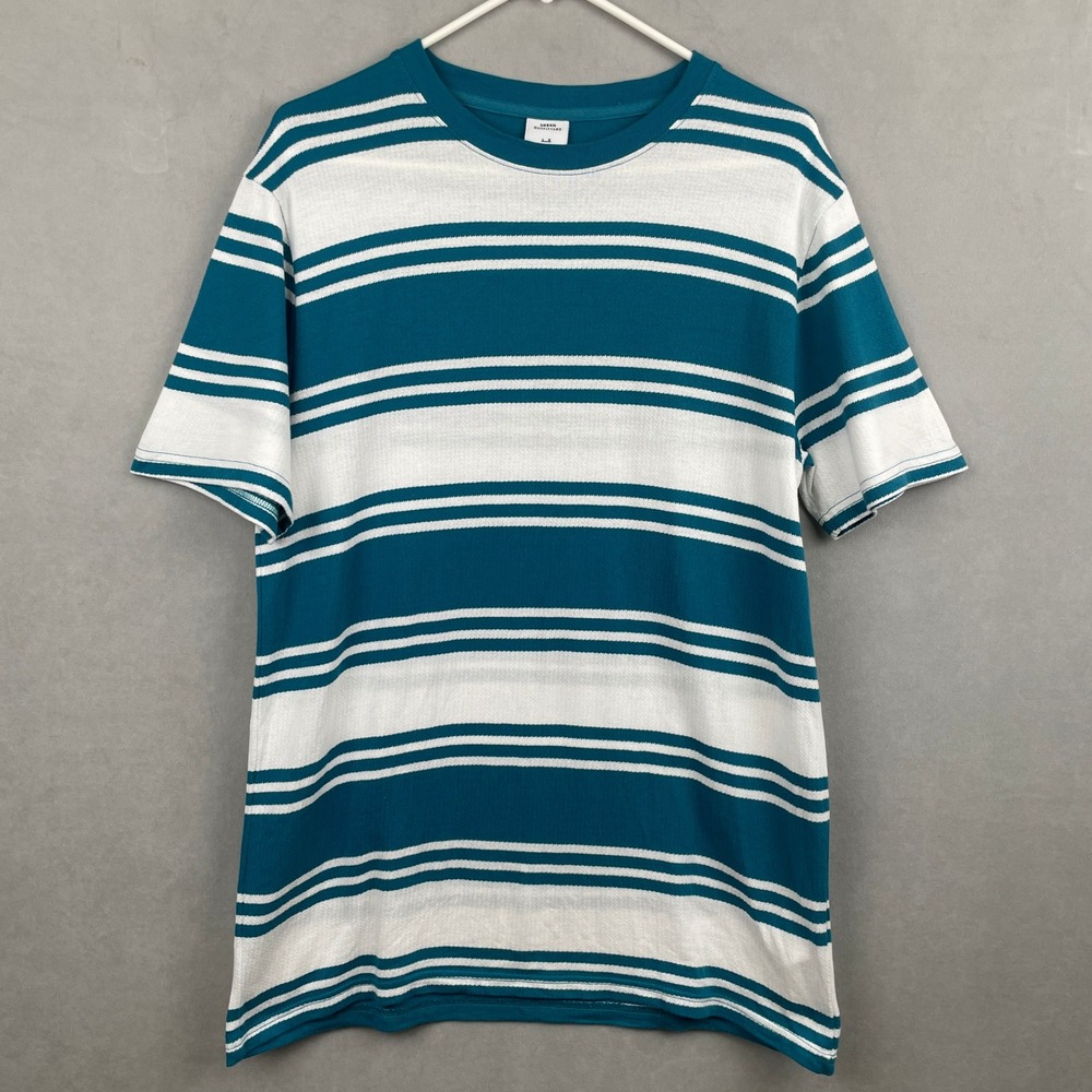 Urban Outfitters Teal White Stripe Knit Cotton Crewneck T-Shirt Indie Surf Men L